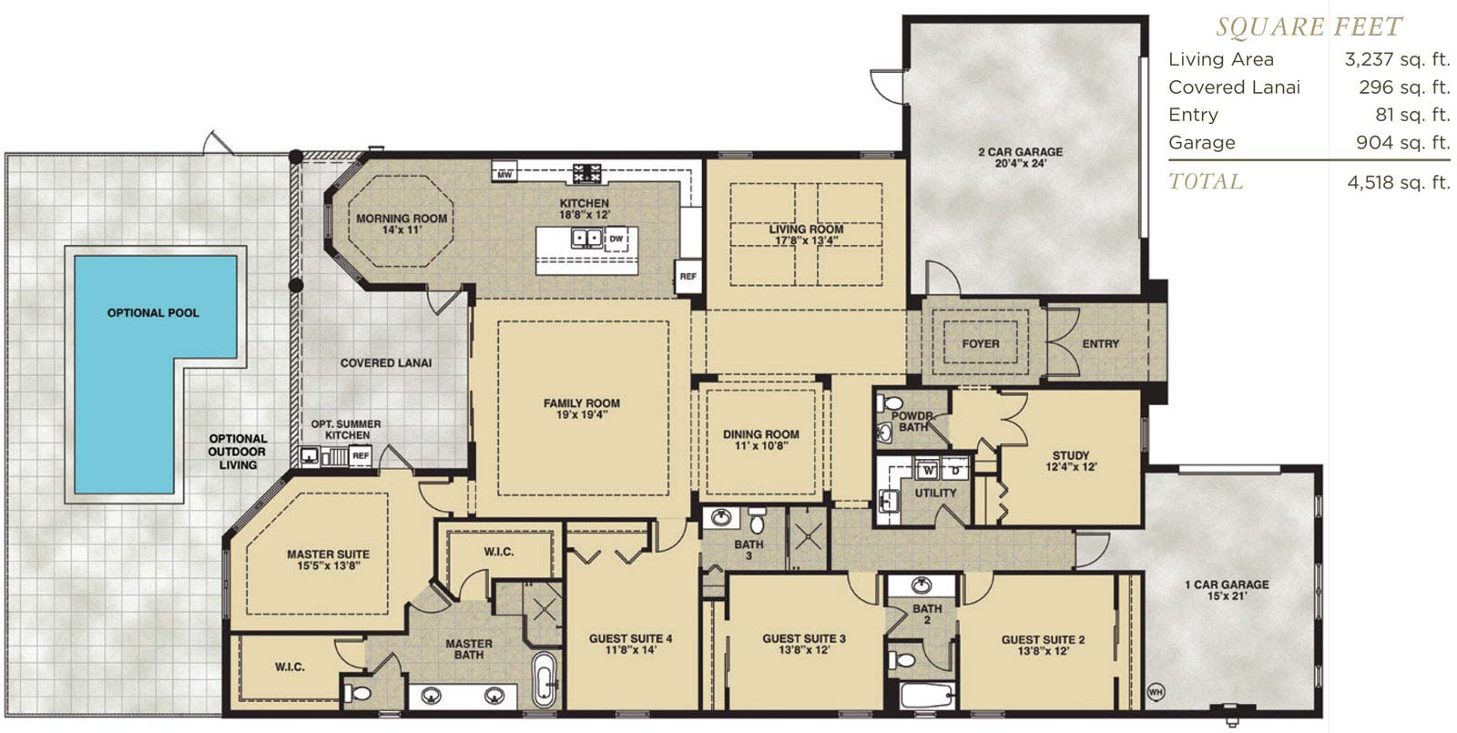 Antilles Floor Plan in Hidden Harbor Estates, Fort Myers, Stock Construction, Four Bedroom, Three and One Half Bath, Living Room, Family Room, Dining Room, Study, Covered Lanai, 2-Car Garage and 1-Car Garage